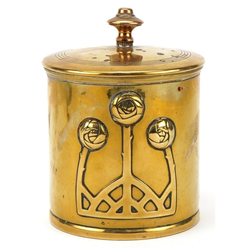 61 - Early 20th century Arts & Crafts polished brass tobacco box and cover with embossed decoration, indi... 