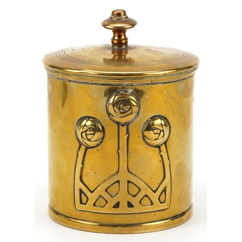 61 - Early 20th century Arts & Crafts polished brass tobacco box and cover with embossed decoration, indi... 