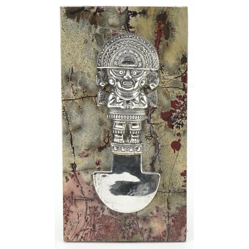 135 - Aztec style .925 silver embossed depiction of a deity, later mounted on a rouge marble plaque, 15cm ... 