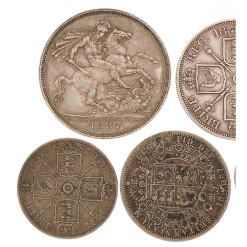 2158 - Six Victorian 1887 Silver Jubilee coins comprising sixpence, shilling, florin, half crown, double fl... 