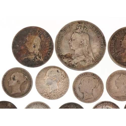 2156 - Quantity of Victorian silver coinage ranging from silver threepence to an 1887 crown, weight 171.4g