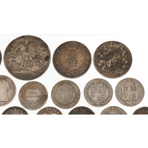 2156 - Quantity of Victorian silver coinage ranging from silver threepence to an 1887 crown, weight 171.4g