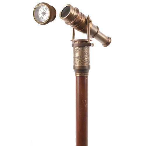 1425 - Hardwood walking stick with two draw brass telescope and compass handle, 98cm in length