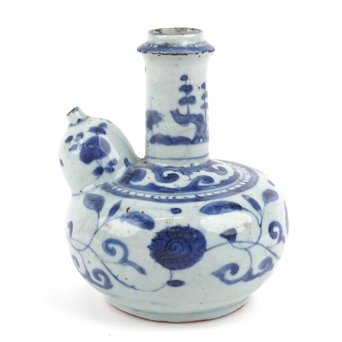 50A - Chinese blue and white porcelain Kendi pouring vessel, late Ming Dynasty with scrolling decoration, ... 