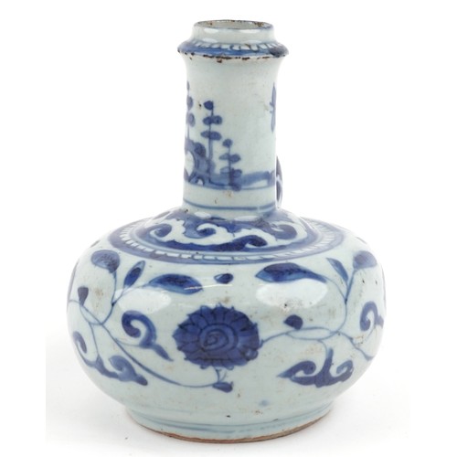 50A - Chinese blue and white porcelain Kendi pouring vessel, late Ming Dynasty with scrolling decoration, ... 