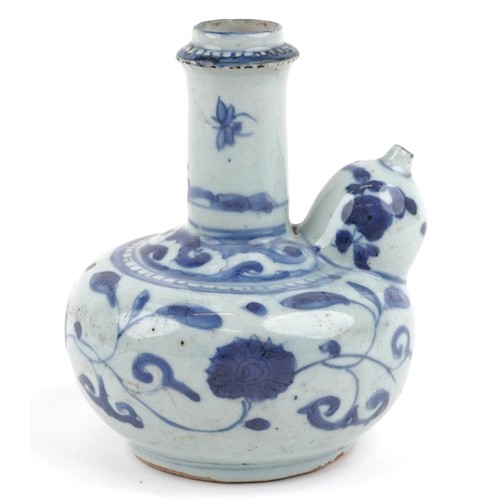 50A - Chinese blue and white porcelain Kendi pouring vessel, late Ming Dynasty with scrolling decoration, ... 