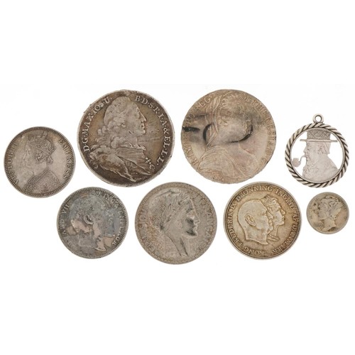 2157 - Antique silver world coins including Maria Theresa thaler, 1910 Indian one rupee and Indian 1889 one... 