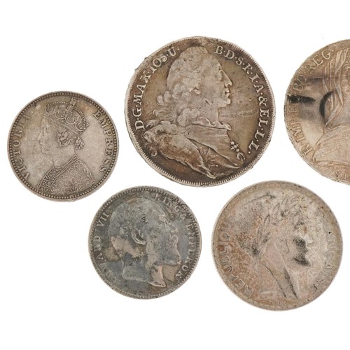 2157 - Antique silver world coins including Maria Theresa thaler, 1910 Indian one rupee and Indian 1889 one... 