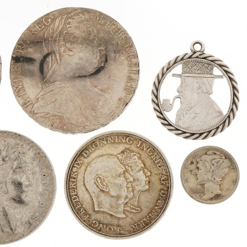 2157 - Antique silver world coins including Maria Theresa thaler, 1910 Indian one rupee and Indian 1889 one... 