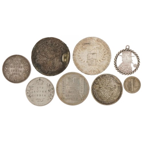 2157 - Antique silver world coins including Maria Theresa thaler, 1910 Indian one rupee and Indian 1889 one... 