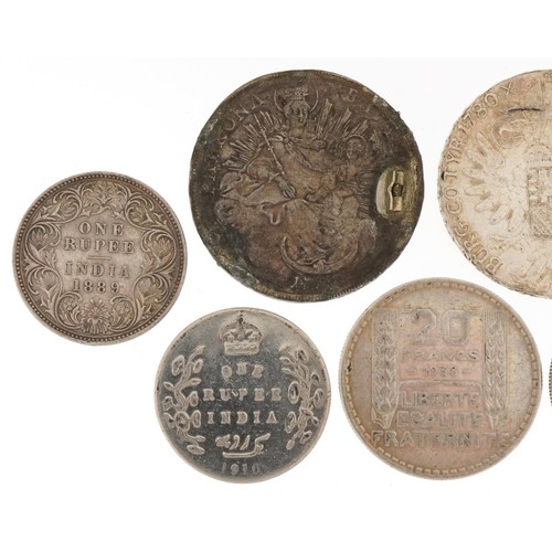 2157 - Antique silver world coins including Maria Theresa thaler, 1910 Indian one rupee and Indian 1889 one... 