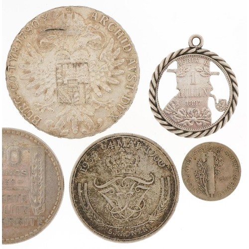 2157 - Antique silver world coins including Maria Theresa thaler, 1910 Indian one rupee and Indian 1889 one... 