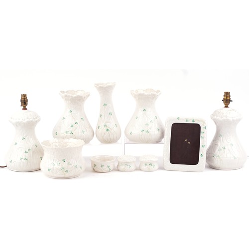 1410 - Bellek Irish porcelain including pair of lamps, vases, jardinière, the largest 34 cm high