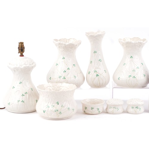 1410 - Bellek Irish porcelain including pair of lamps, vases, jardinière, the largest 34 cm high