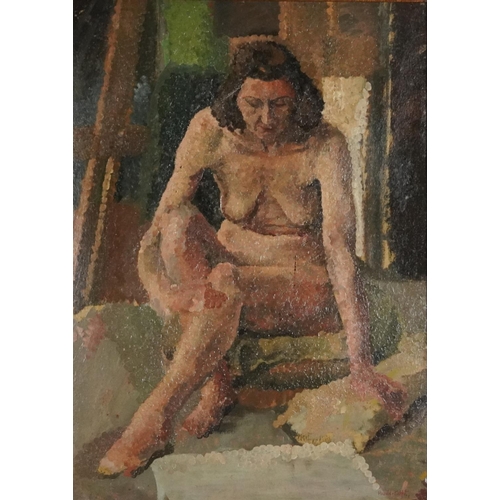 3647 - Nude seated female, 1950s Camden Town school oil on board, gilt framed, 73cm x 53cm