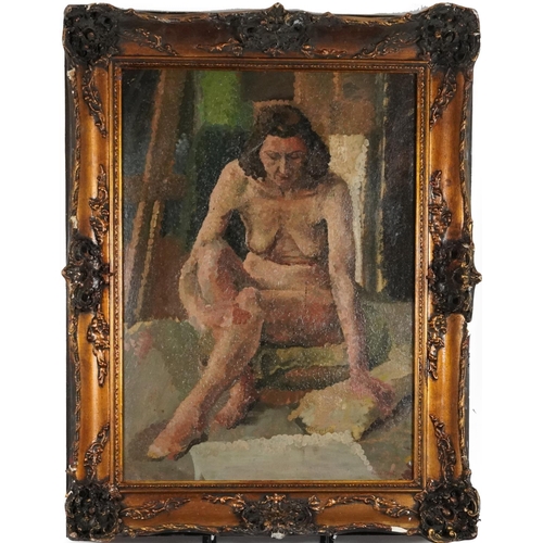 3647 - Nude seated female, 1950s Camden Town school oil on board, gilt framed, 73cm x 53cm