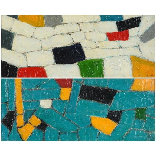 3645 - Abstract composition, pair of British oil impasto on boards, each contemporary framed and glazed, ea... 