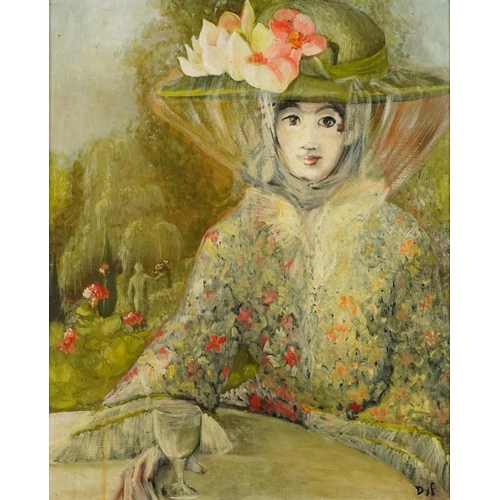 3644 - Formally dressed female seated in a courtyard, French Impressionist oil on board, gilt framed, 54cm ... 