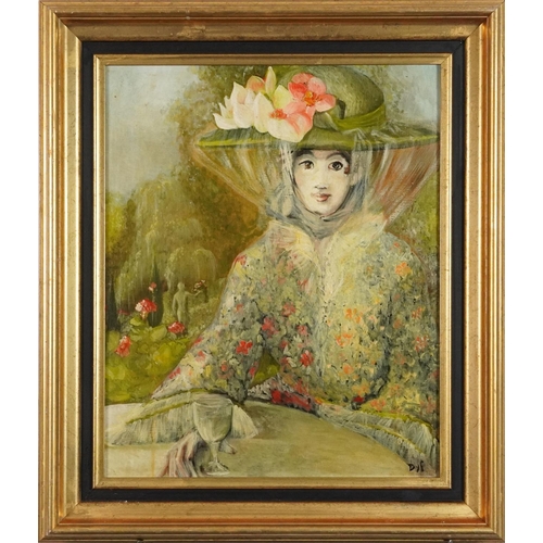 3644 - Formally dressed female seated in a courtyard, French Impressionist oil on board, gilt framed, 54cm ... 