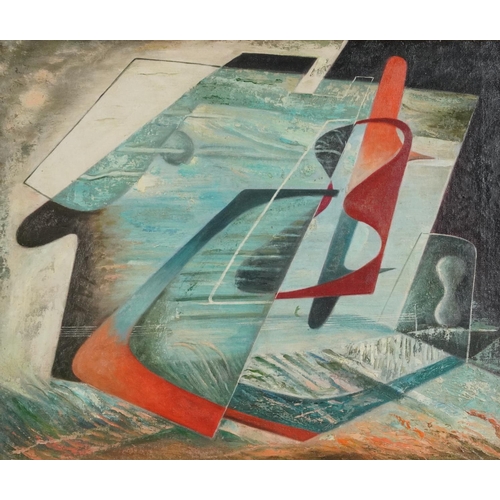 3640 - Abstract composition, British Surrealist school oil on canvas, gilt framed, 59cm x 49cm