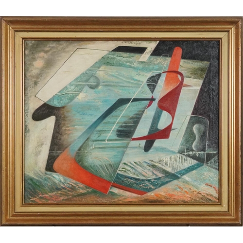 3640 - Abstract composition, British Surrealist school oil on canvas, gilt framed, 59cm x 49cm