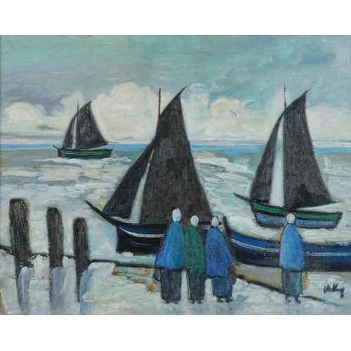 3639 - Manner of Markey Robinson - Figures before sailing boats, Irish school oil on board, gilt framed, 50... 