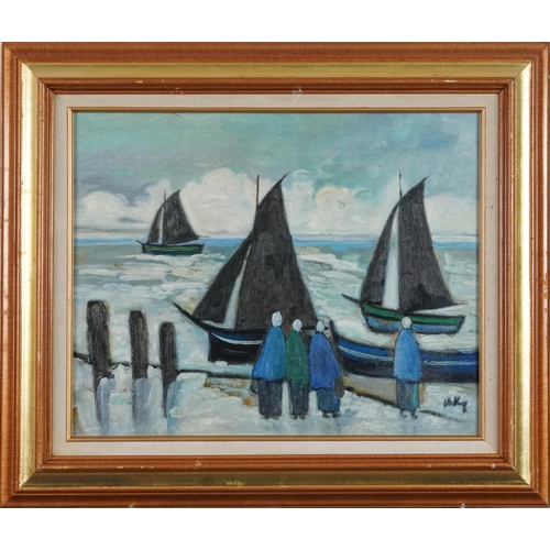 3639 - Manner of Markey Robinson - Figures before sailing boats, Irish school oil on board, gilt framed, 50... 