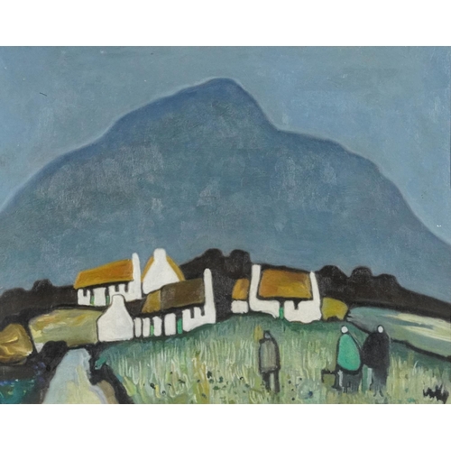 3700 - Manner of Markey Robinson - Figures before cottages, Irish school oil on board, framed, 47cm x 37cm