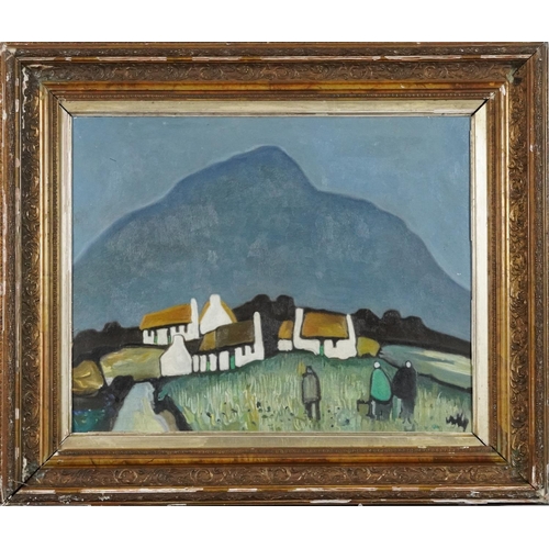 3700 - Manner of Markey Robinson - Figures before cottages, Irish school oil on board, framed, 47cm x 37cm