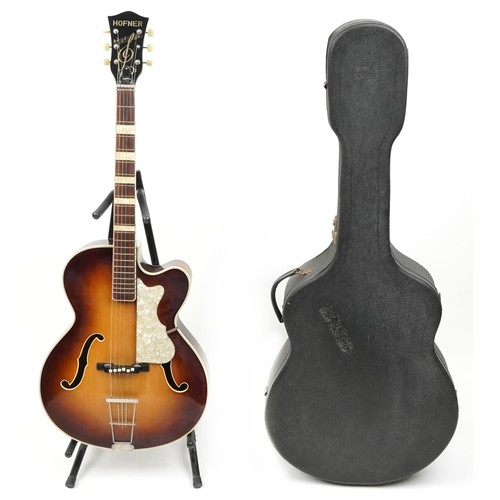 618 - Hofner six string acoustic guitar with green baize lined protective case, 104cm in length