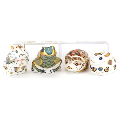 1173 - Seven Royal Crown Derby animal paperweights with stoppers comprising Violet Budgerigar, Owl, New Yea... 