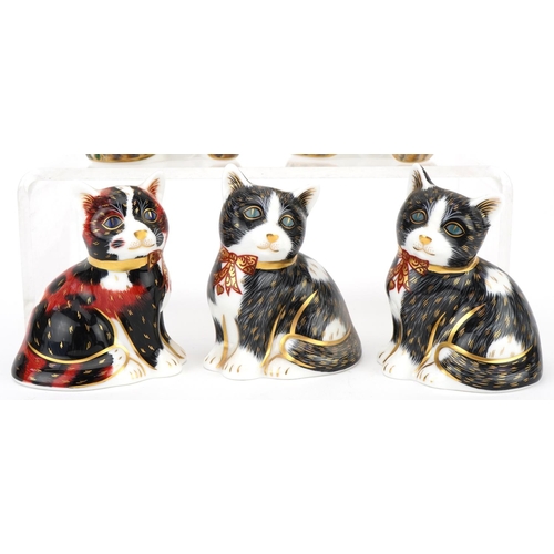 1172 - Five Royal Crown Derby cat paperweights with stoppers comprising 2 x Black & White Kittens, 2 x Cott... 