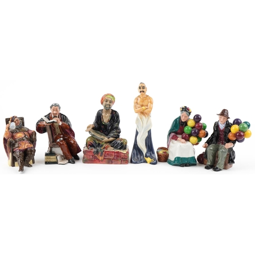 1193 - Six Royal Doulton figures comprising Mendicant HN1365, The Genie HN2989, The Foaming Quart HN2162, T... 