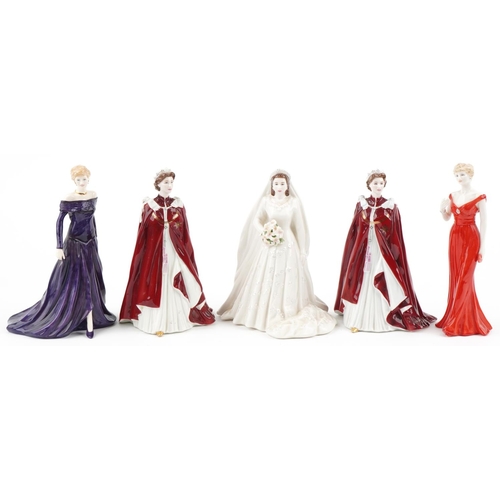 1206 - Five Royal Worcester and Royal Doulton commemorative figurines comprising 2 x Queen's 80th Birthday ... 