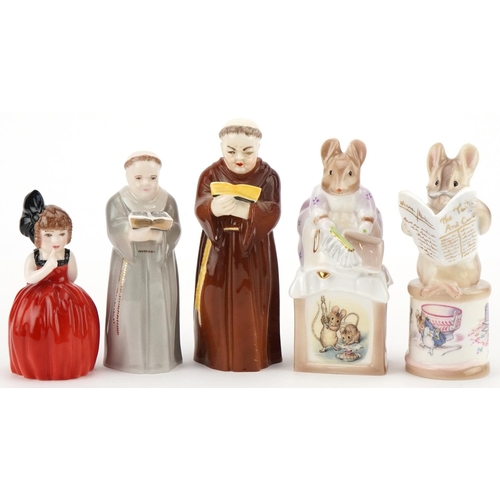 1178 - Five Royal Worcester candle snuffers comprising two monks, The Mouse Taylor, Hunca Munca and Hush, t... 