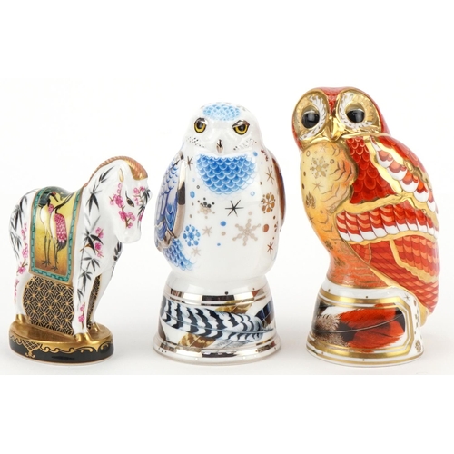  Three Royal Worcester Connoisseur Collection candle snuffers comprising Tawny Owl, Snowy Owl and Chi... 