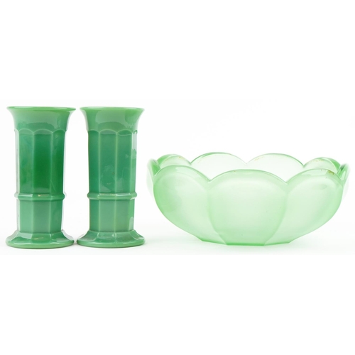 1371 - A pair of Art Deco Davidson jadeite cylindrical glass vases, 15cm high, together with an Art Deco gr... 