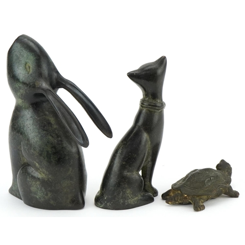 1349 - Three patinated bronze animals comprising hare, seated cat and tortoise, the largest 16cm high.