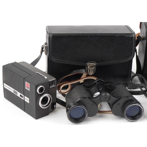 526 - Two pairs of vintage and later binoculars, a pair of mother of pearl opera glasses and a Kodak insta... 