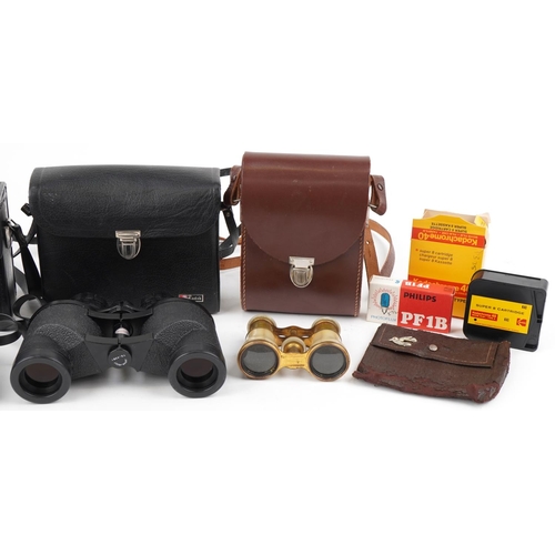 526 - Two pairs of vintage and later binoculars, a pair of mother of pearl opera glasses and a Kodak insta... 