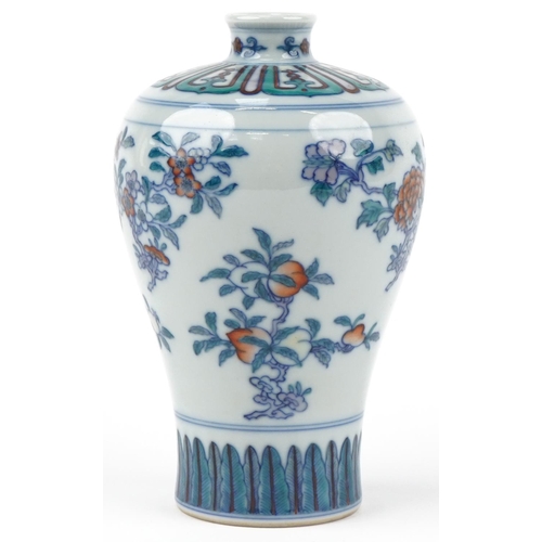 316 - A Chinese porcelain baluster vase hand painted with flowers, character marks to the base, 15cm high.