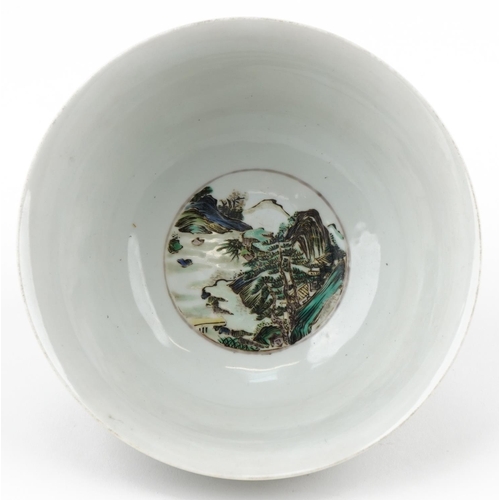 367 - A Chinese porcelain footed bowl hand painted with figures in a boat, landscape and script, 10cm high... 