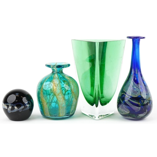 324 - Four pieces of signed art glass including Krosno Polish triangular vase and Mdina, the largest 21.5c... 