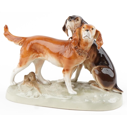 1213 - Royal Dux, a Czechoslovakian large porcelain study of two pointer dogs, 38cm in length.