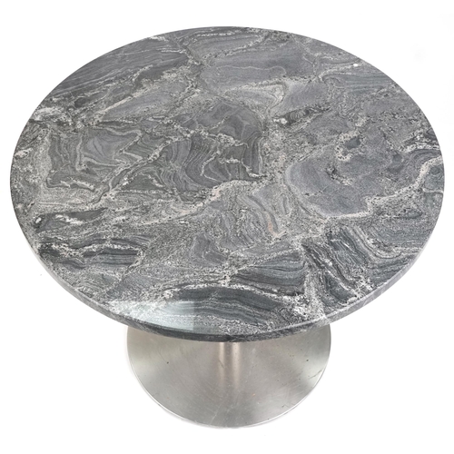 1055 - A contemporary circular grey marble breakfast table raised on a chromium plated base, 76cm high x 91... 