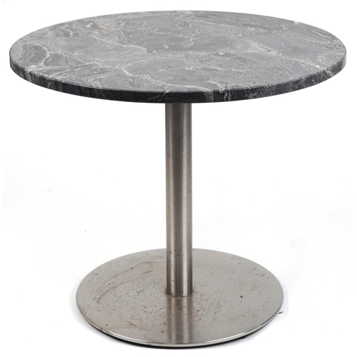 1055 - A contemporary circular grey marble breakfast table raised on a chromium plated base, 76cm high x 91... 