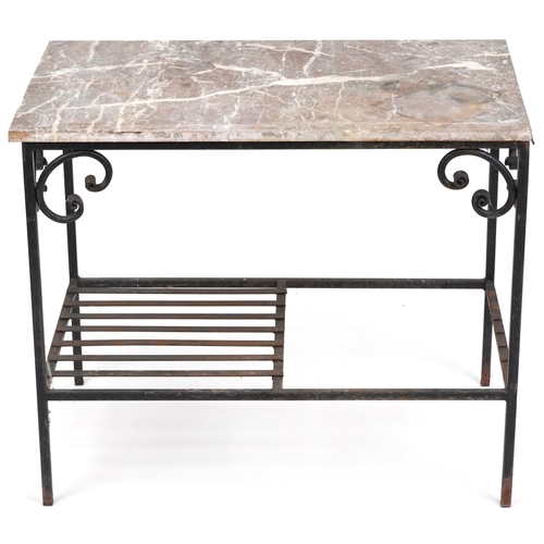 1056 - A late 20th century wrought iron plant table with grey marble top, 65cm H x 79cm W x 48cm D.