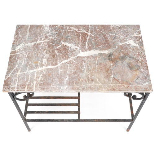 1056 - A late 20th century wrought iron plant table with grey marble top, 65cm H x 79cm W x 48cm D.