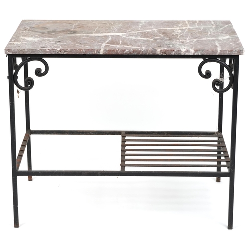 1056 - A late 20th century wrought iron plant table with grey marble top, 65cm H x 79cm W x 48cm D.