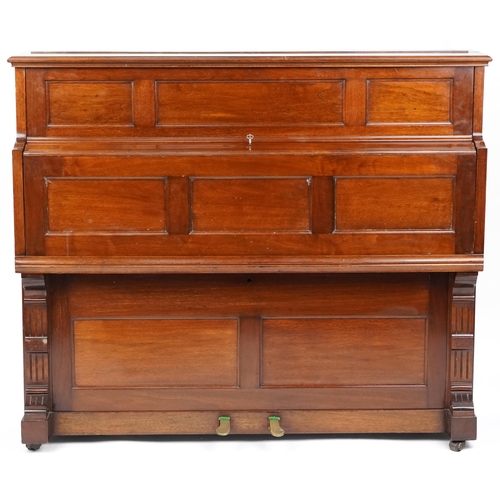 1080 - An unusual early 20th century mahogany cased fall-front upright piano, 115cm H x 136cm W x 51cm D.